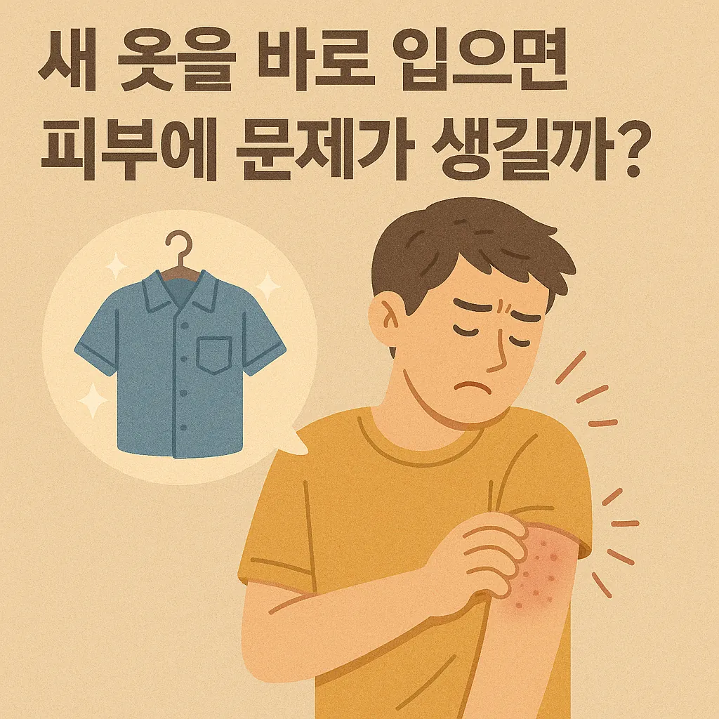 새-옷을-바로-입었을-때-피부에-생길-수-있는-문제를-묘사한-일러스트로-피부-발진을-긁는-사람과-옷-아이콘이-함께-표현됨