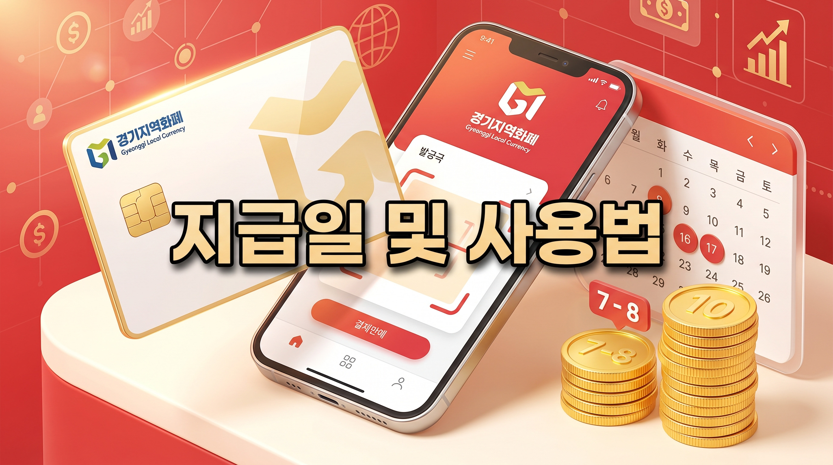 경기지역화폐 앱이 띄워진 스마트폰 화면에 빛나는 지역화폐 카드가 스캔되고, 그 옆 디지털 달력 위에 금화가 '7-8'과 '10'으로 두 무더기로 나뉘어 있는 3D 일러스트 배경에, 짙은 그림자와 외곽선으로 선명하게 강조된 '지급일 및 사용법'이라는 한글 문구가 중앙에 적힌 이미지