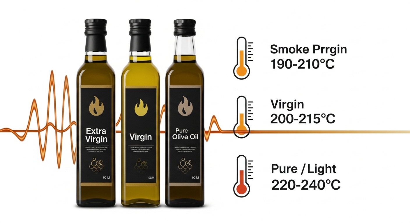 엑스트라 버진, 버진, 퓨어/라이트 올리브오일의 발연점을 온도계 아이콘으로 시각화한 인포그래픽입니다.