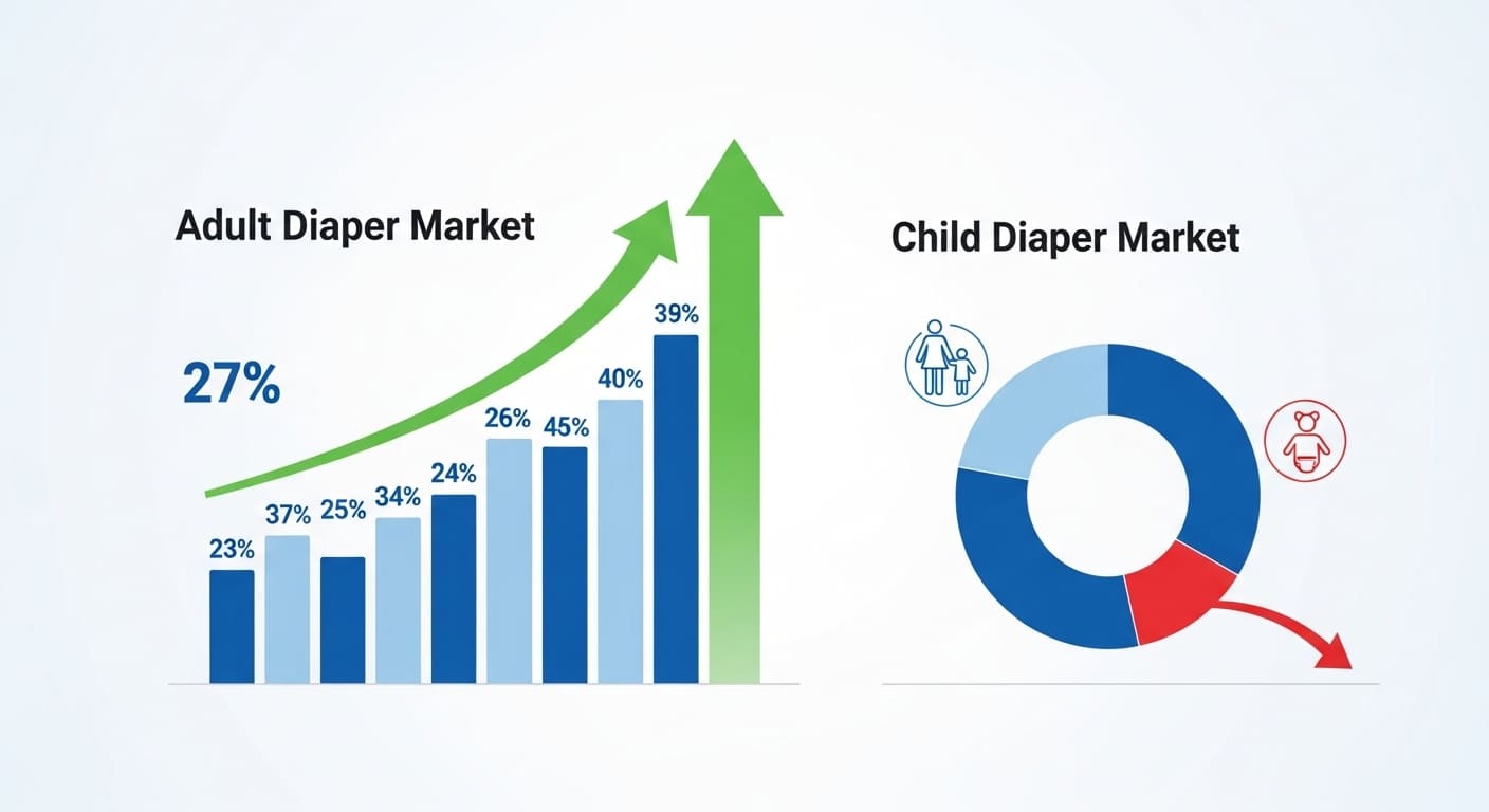 한국의 아동용 기저귀 시장과 성인용 기저귀 시장 규모 및 성장률을 비교하는 깔끔한 인포그래픽.
