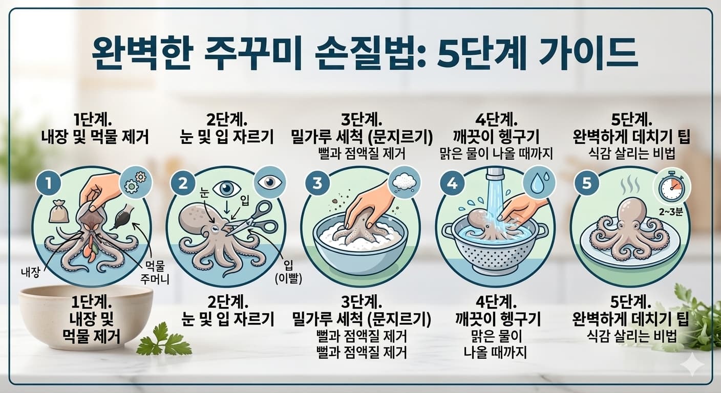 꾸미 손질 과정, 내장 제거와 눈 제거를 준비하는 모습