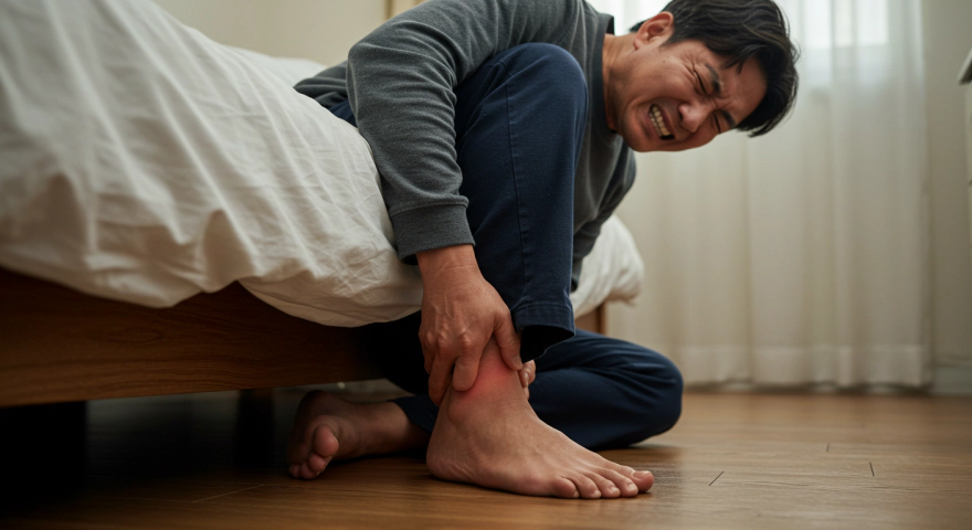 침대에서 일어나 첫발을 디딜 때 얼굴을 찡그리는 남성