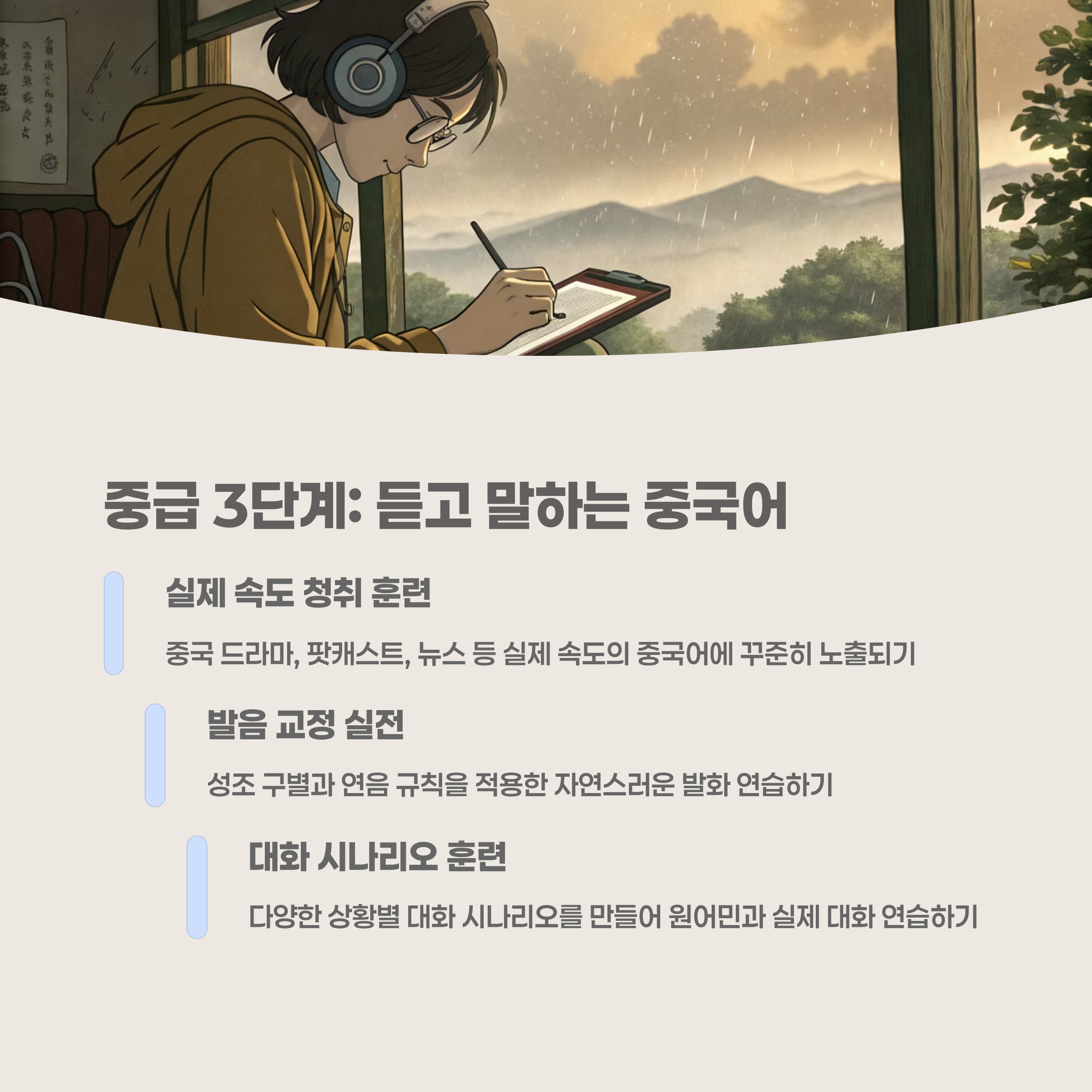 중국어 듣기 학습 자료 (헤드폰을 낀 학습자 이미지)