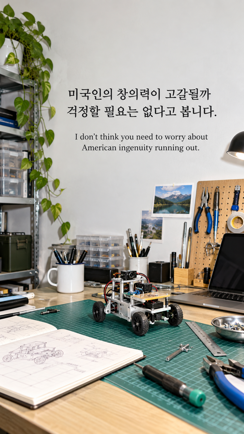 작은 작업실의 도구와 막 완성된 시제품에 창의력에 대한 믿음에 관한 워렌 버핏 명언이 적힌 이미지