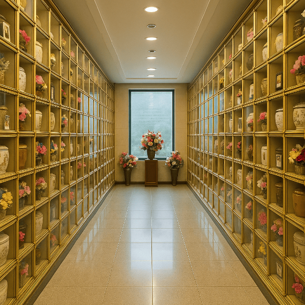 납골당에-많은-유골과-꽃다발이-있음