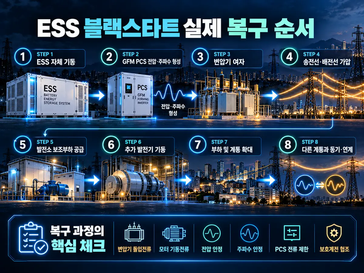 ESS 블랙스타트 전력계통 복구 순서 인포그래픽