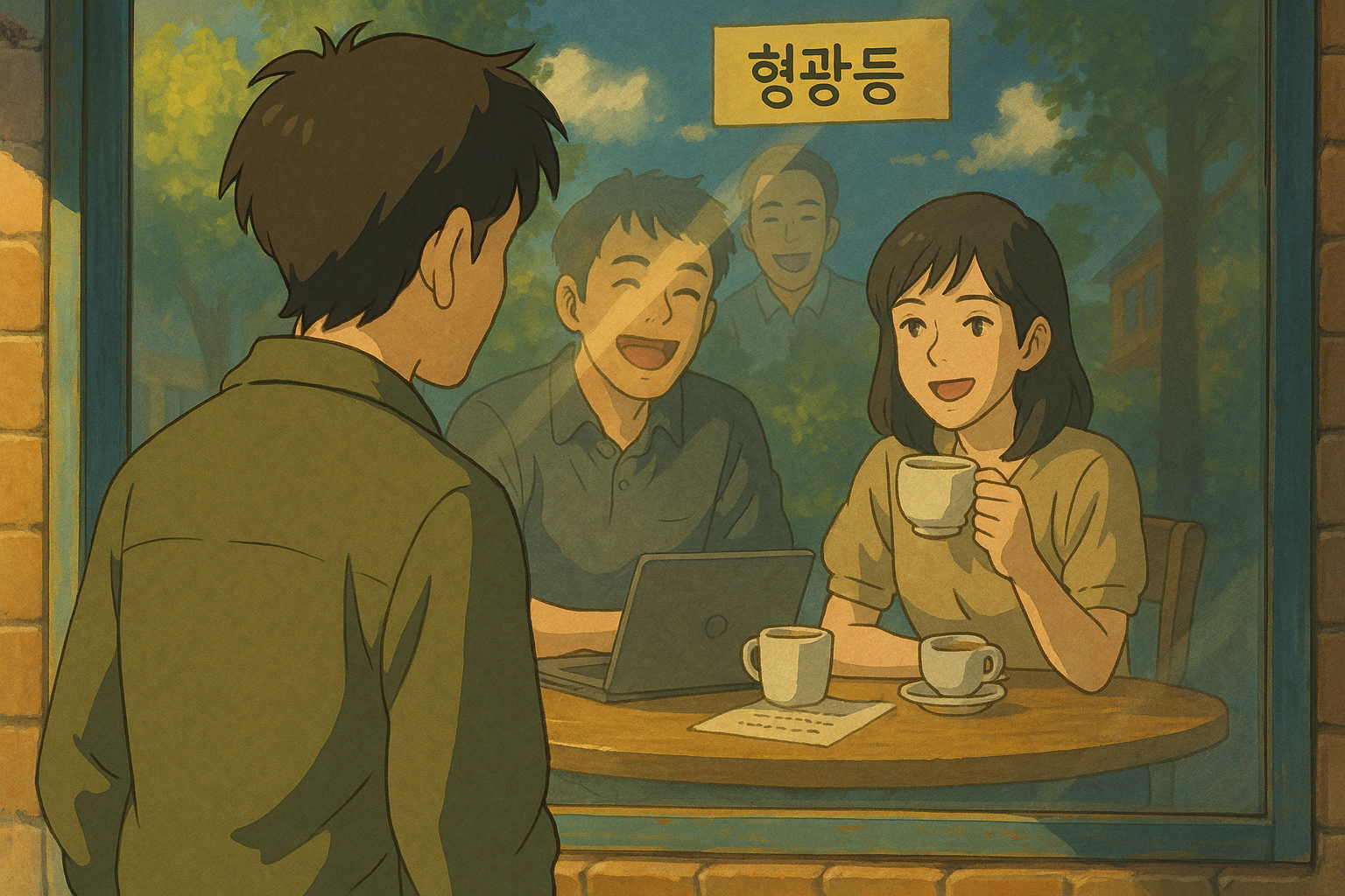 유리창 너머 웃는 사람들을 바라보는 남자의 뒷모습