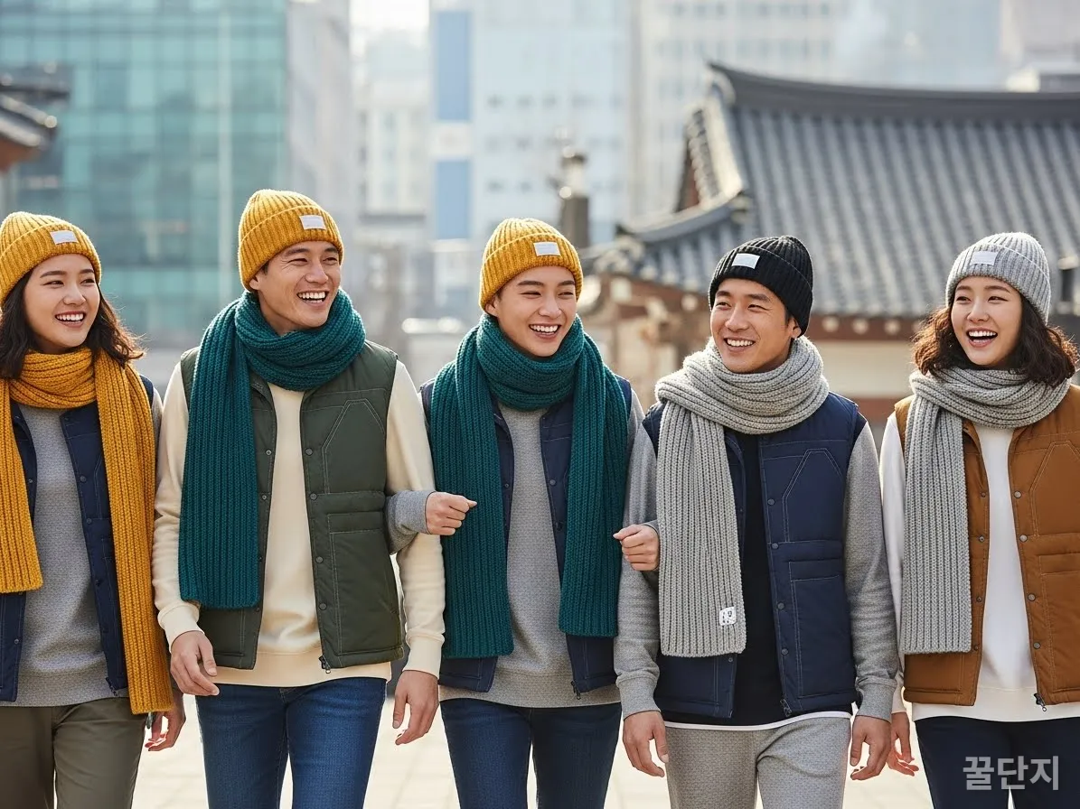 서울 도심에서 스타일리시한 방한 의류를 입고 있는 한국인들