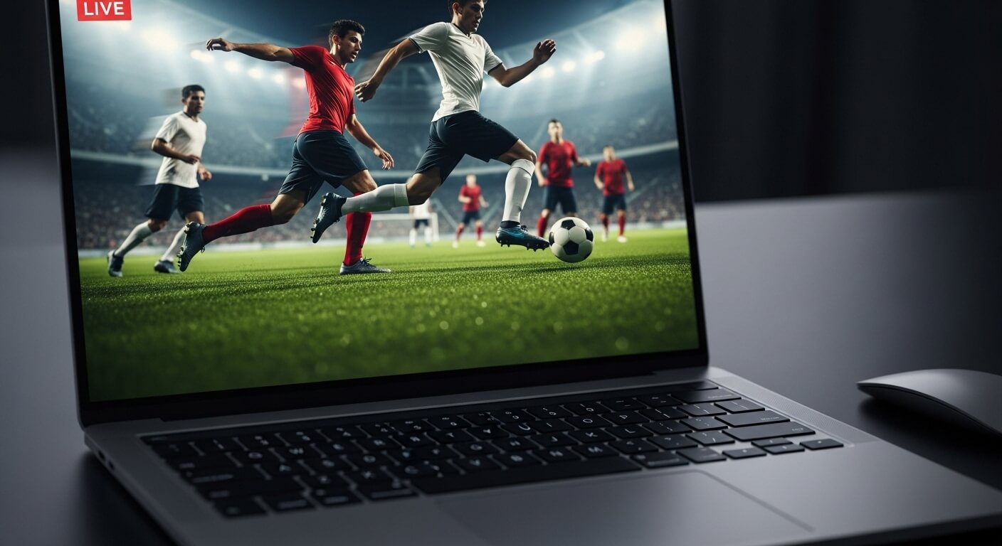 노트북으로 축구 경기 생중계를 즐기는 모습