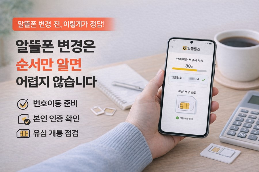 번호이동 준비, 본인 인증 수단 확인, 유심 또는 eSIM 개통 순서를 한눈에 보여주는 알뜰폰 갈아타기 실전 안내 이미지입니다.