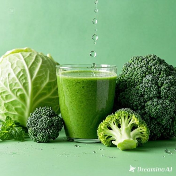 깨끗한 민트색 배경에 신선한 브로콜리, 양배추, 케일 등 십자화과 채소들이 아름답게 배치되어 있고, 중앙에는 투명한 유리컵에 담긴 초록색 스무디가 있는 모습. 주변에는 해독을 상징하는 물방울과 깨끗한 세포 구조 일러스트가 포함된 건강하고 자연친화적인 라이프스타일을 표현하는 이미지