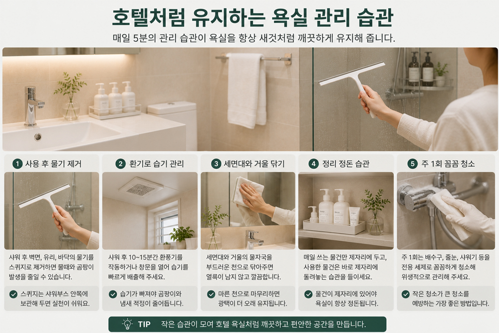 호텔 욕실처럼 깔끔한 상태를 유지하는 욕실 관리 습관. 샤워 후 물기 제거, 환기, 세면대 청소, 정리정돈, 주 1회 청소를 통해 물때와 곰팡이를 줄이는 욕실 관리 방법