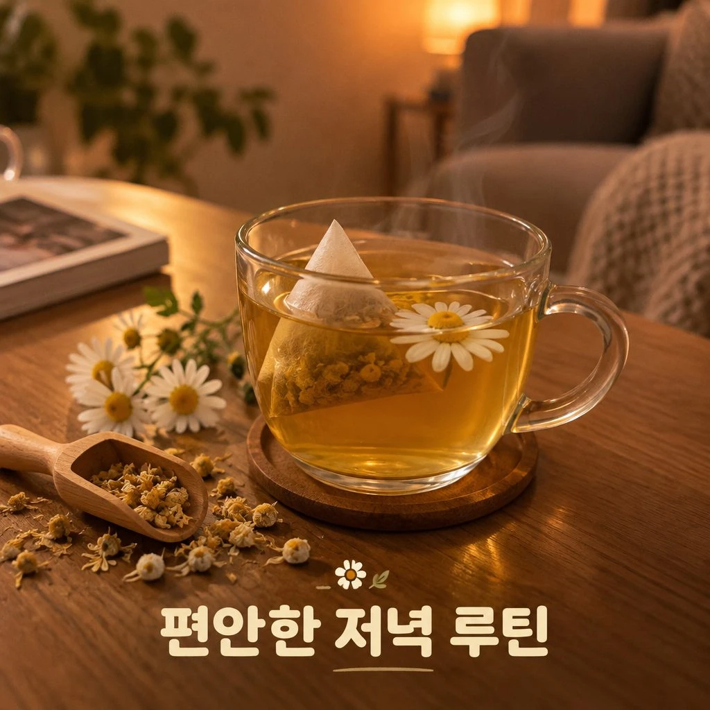 잠자기 전 마시는 차로 우린 캐모마일티와 말린 캐모마일 꽃