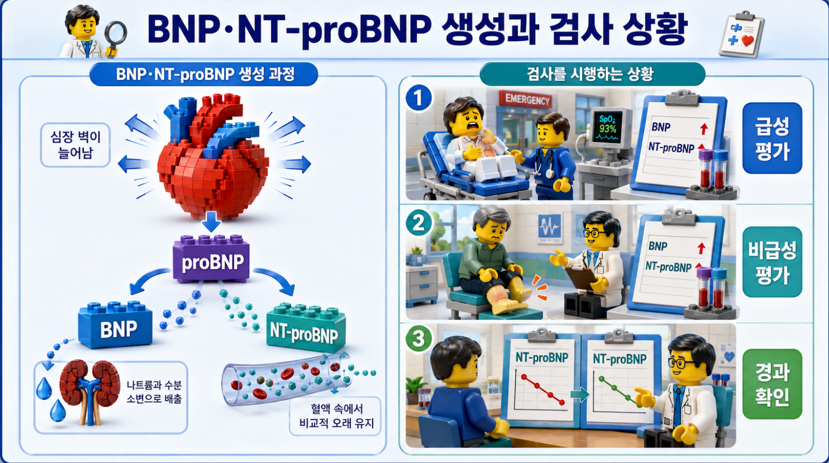 BNP와 NT-proBNP의 생성 과정과 급성 평가·비급성 평가·경과 확인 검사 상황을 설명하는 의료 일러스트