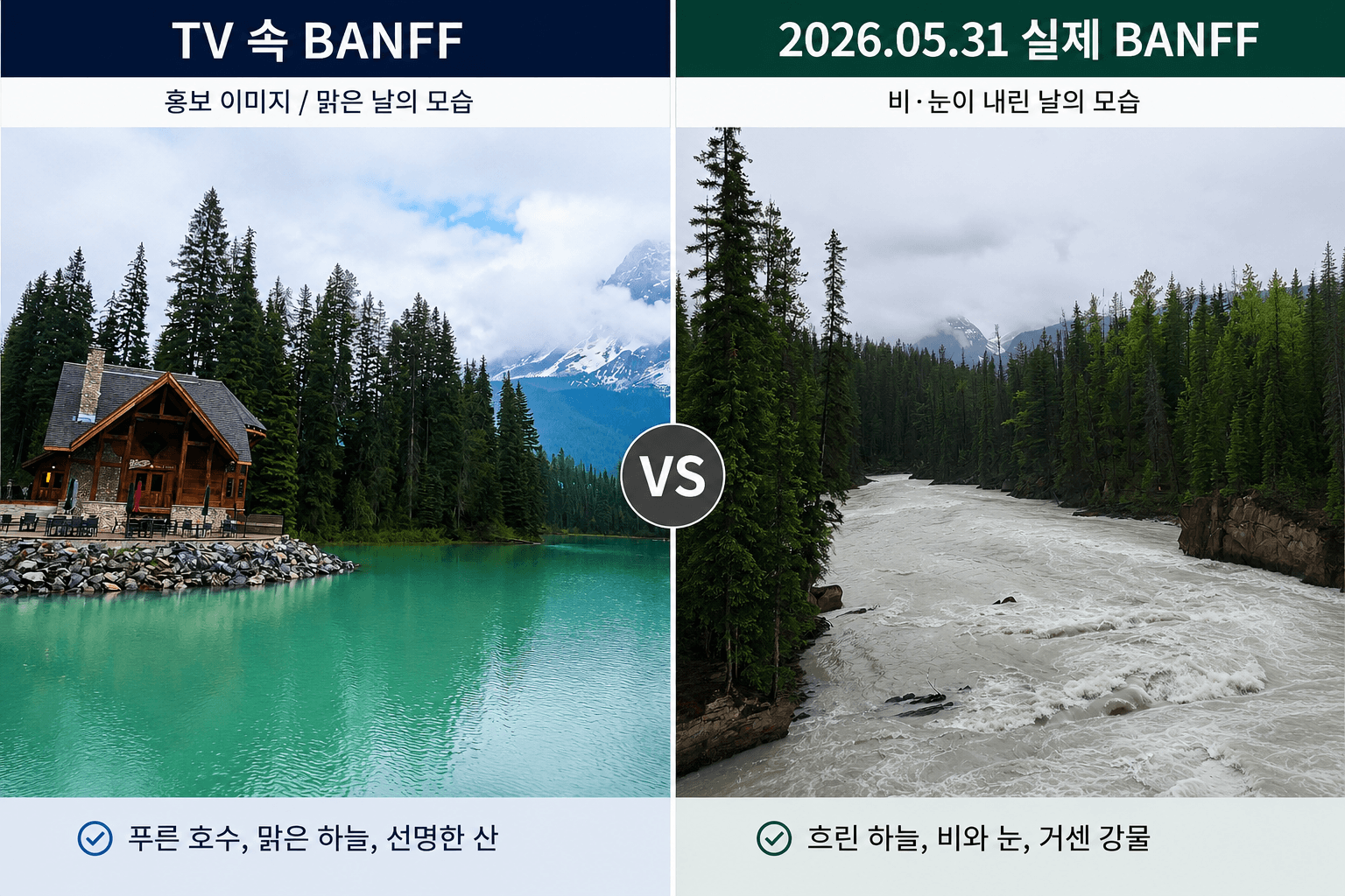 맑은 날과 비 온 뒤의 밴프 비교 이미지