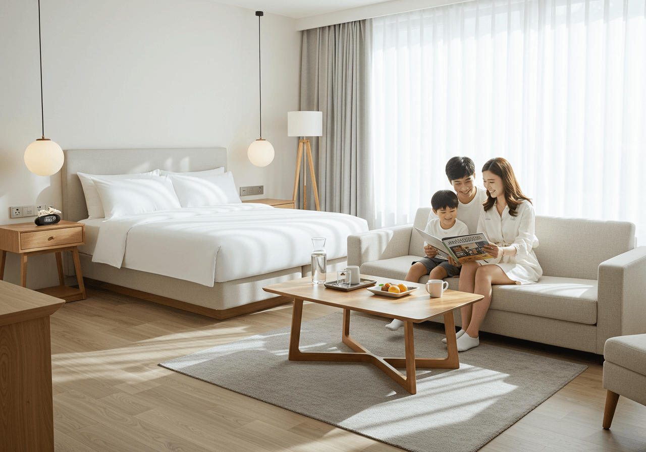 미니멀 무드의 호텔 스타일 침실, 흰 침구와 원목 가구가 정돈된 공간에서 한국인 젊은 가족이 소파에 앉아 책을 보는 모습