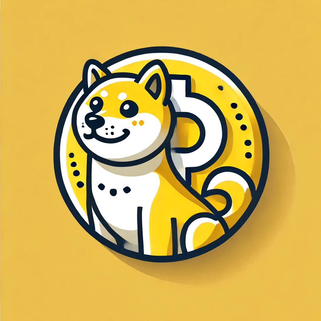 도지코인 로고, 시바견뒤에 비트코인 로고가 동그랗게 세겨져 있다. 전체적으로 노란색이다.