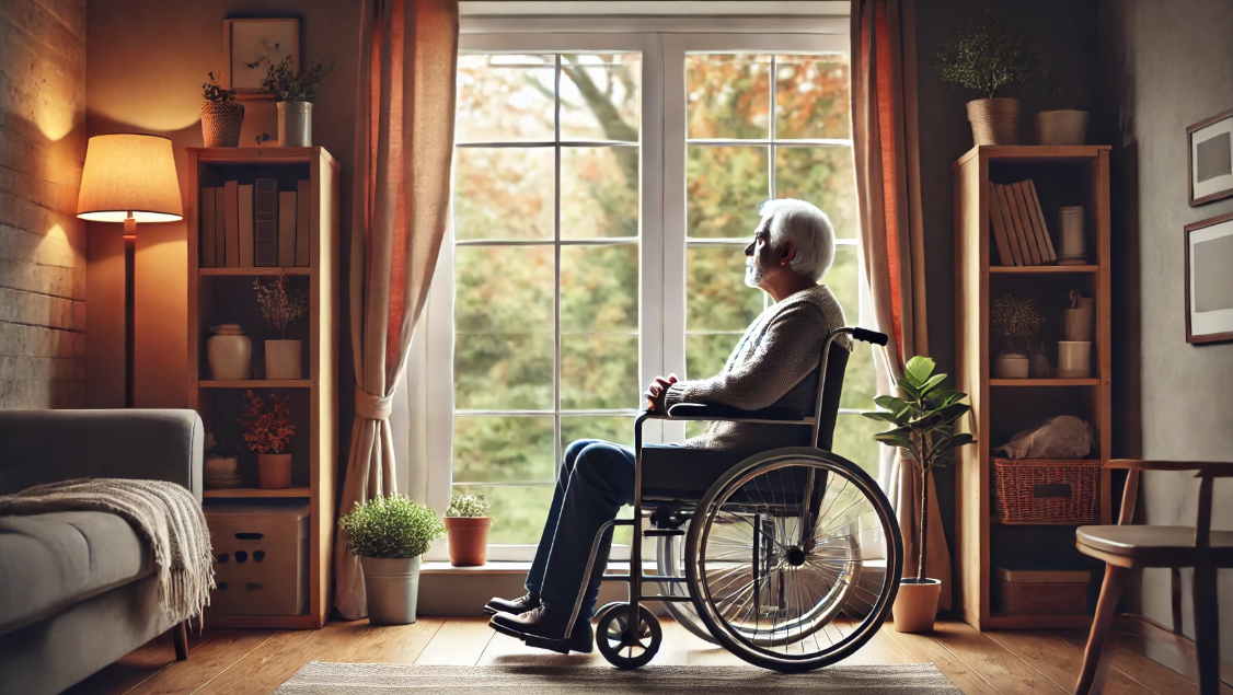 치매 환자가 휠체어에 앉아 외롭게 창밖을 보고 있는 사진