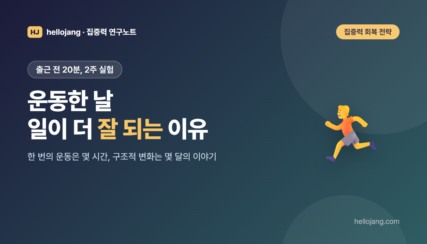 유산소 운동과 인지 기능의 관계, 출근 전 20분 빠른 걷기와 가벼운 조깅을 2주간 해 본 실험 기록을 소개하는 표지 그림