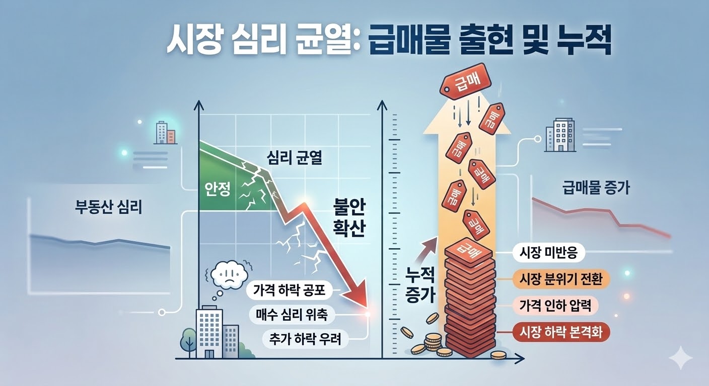 '급매'라는 붉은색 꼬리표가 붙은 아파트 모형들이 하나둘씩 쌓여가는 모습