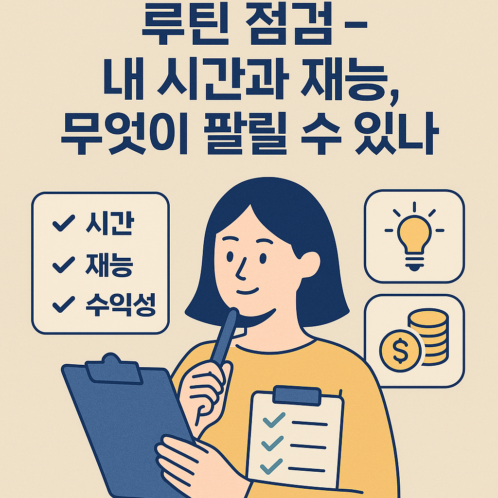 퇴사 후 수익 루틴을 위한 루틴 점검을 상징하는 플랫 스타일 디지털 일러스트 – 체크리스트와 루틴 분석 도식이 조화를 이루는 구조