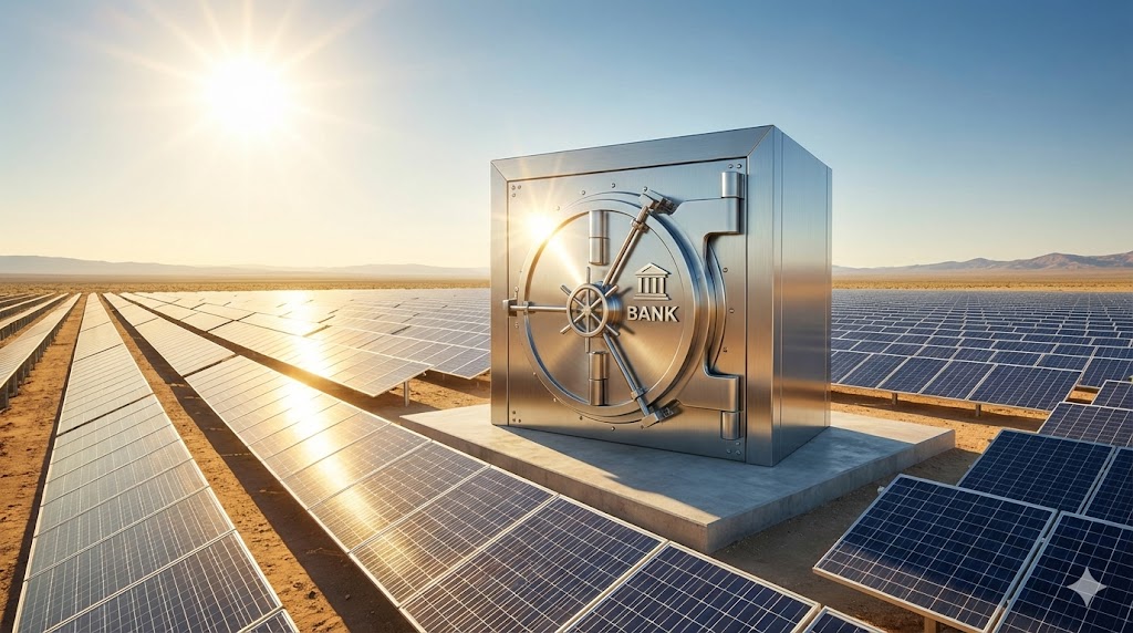 햇살 아래 눈부시게 빛나는 태양광 패널과 튼튼한 금고(은행주)가 나란히 서 있는 모습