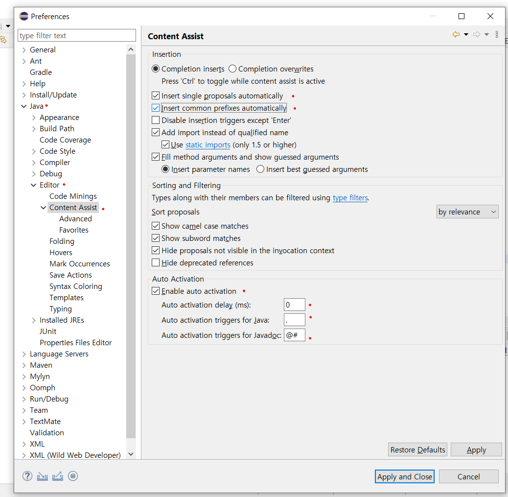 이클립스 자동 완성 기능 켜는 방법 (ctrl + Spacebar)