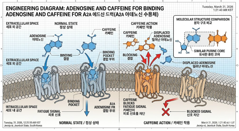 아데노신 수용체와 카페인의 결합을 보여주는 공학적 다이어그램