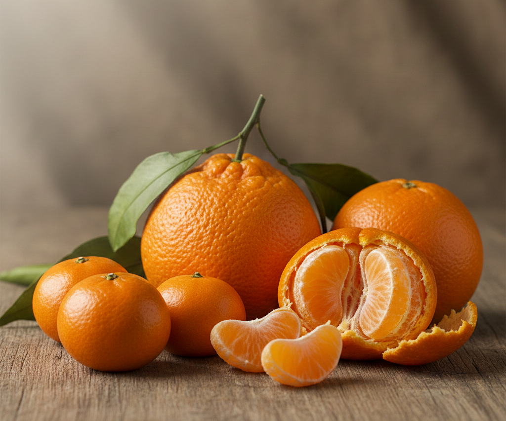 나무 질감의 테이블 위에 만다린, 귤, 오렌지가 조화롭게 놓여 있는 정물 사진. 일부는 껍질이 까져 있어 신선한 과육이 보이며, 초록색 잎사귀가 달린 과일도 포함되어 있습니다. 따뜻하고 부드러운 햇살이 비치는 차분한 분위기의 이미지입니다.