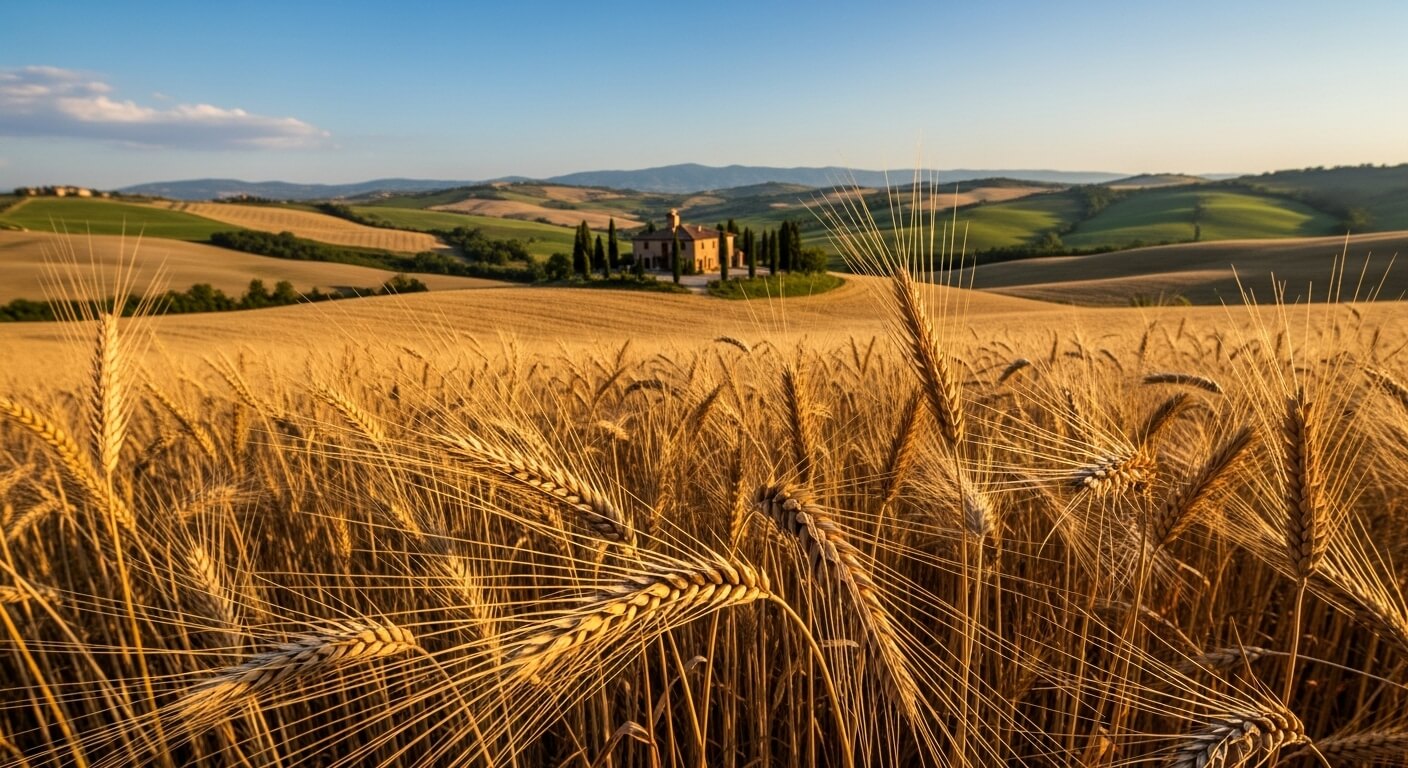 이탈리아 마르케 지방의 황금빛 파로밀 밭 전경, 멀리 전통 농가가 보이는 고대 곡물 재배지 풍경