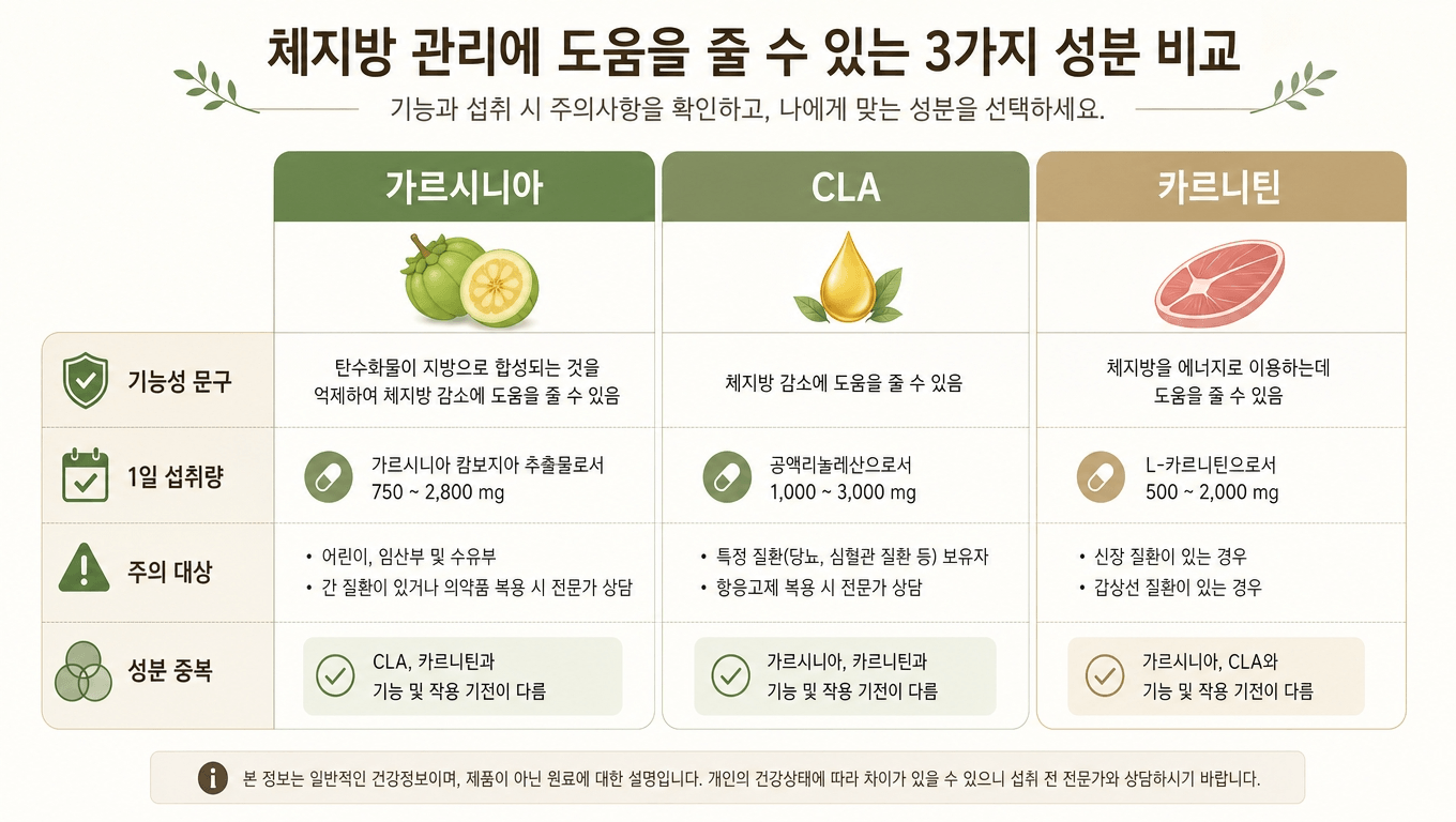 가르시니아 CLA 카르니틴 비교표