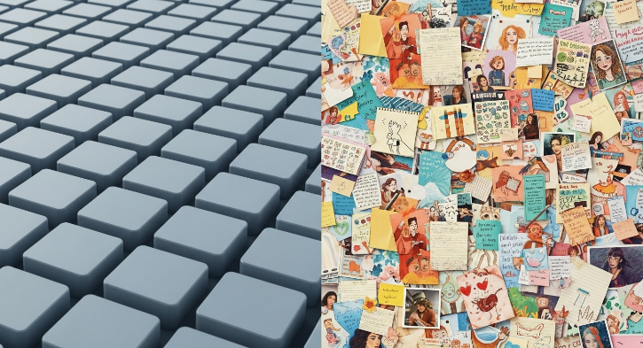 획일적인 AI 생성 콘텐츠와 다채롭고 감성적인 인간 창작 콘텐츠의 대비를 보여주는 이미지. AI 콘텐츠의 한계와 인간 고유 가치의 중요성을 시각적으로 나타냅니다.