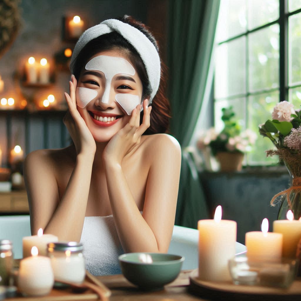 얼굴에 피부미백을 위한 팩을 하고 있는 여성