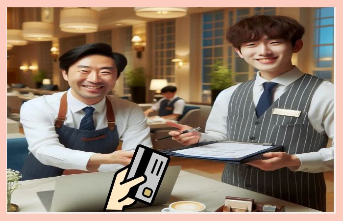 소비쿠폰을 사용하는 고객을 맞이하며 카드 결제를 진행하고 있는 레스토랑 직원과 점원의 밝은 표정
