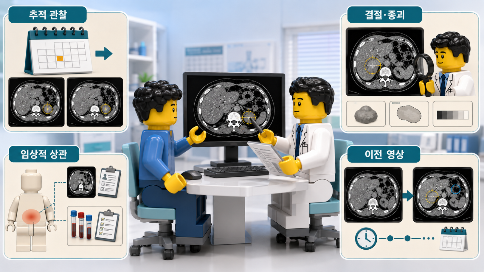 CT 판독에서 자주 묻는 추적 관찰, 결절&middot;종괴, 임상적 상관관계와 이전 영상 비교를 설명하는 의료 상담 인포그래픽