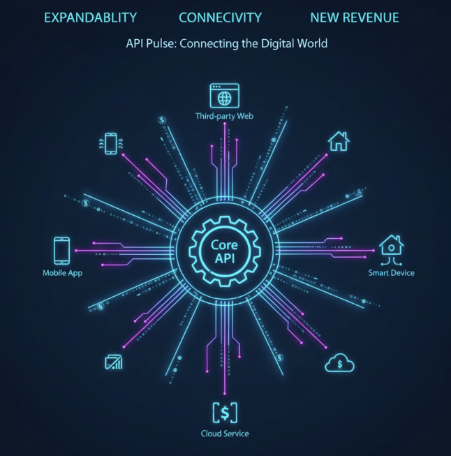 기업의 핵심 데이터와 기능을 API를 통해 외부 개발자 및 파트너사에게 개방하여 플랫폼 생태계를 확장하고 신규 수익 모델을 창출하는 API 경제의 메커니즘을 설명하는 인포그래픽 이미지.