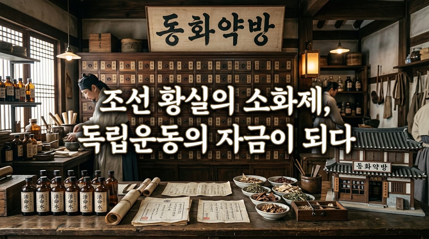 대한제국 시대 약방 안에 활명수 병과 궁중 처방 문서가 놓여 있는 역사 재현 이미지