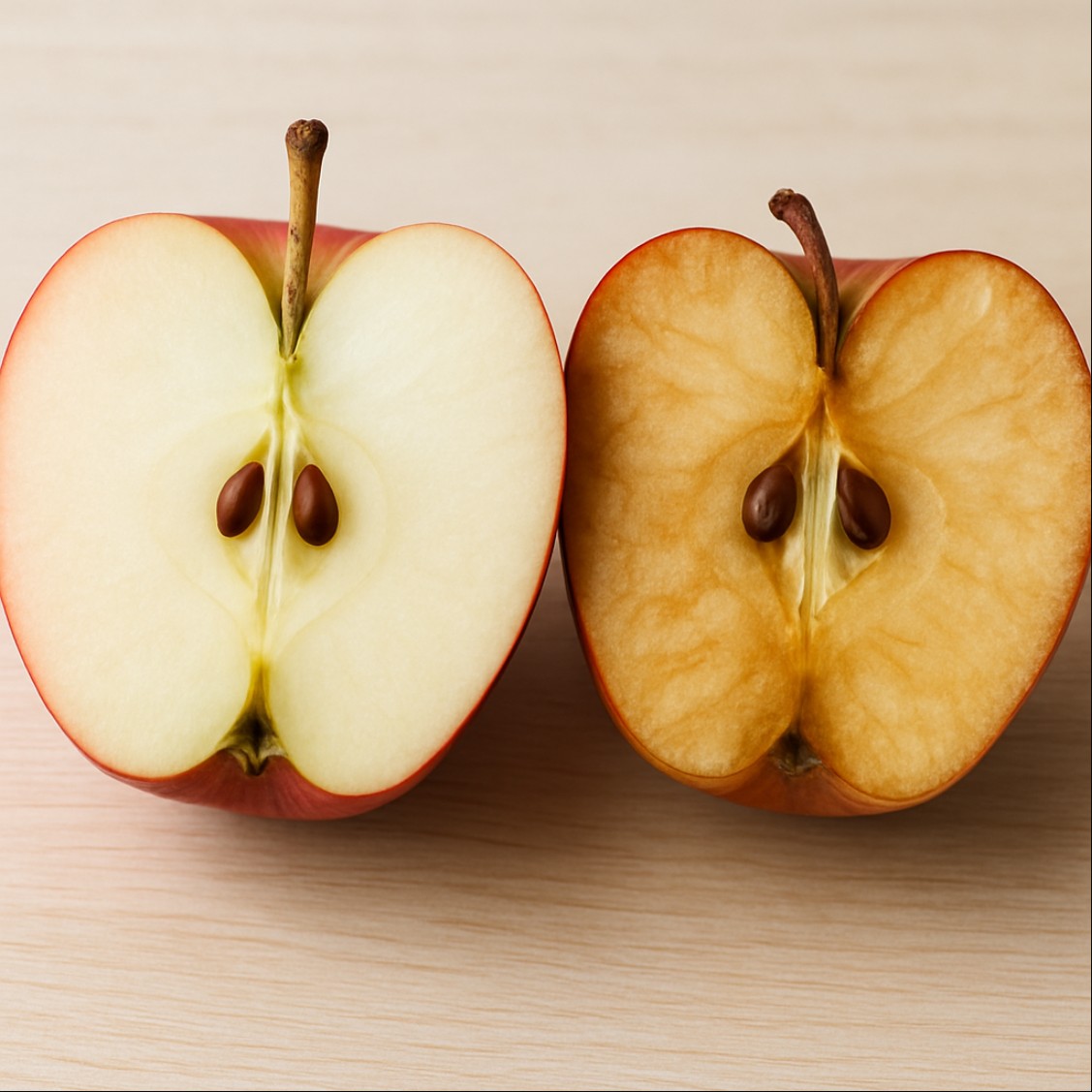 신선한 사과와 갈변된 사과 단면을 비교한 사과 갈변 현상 이미지