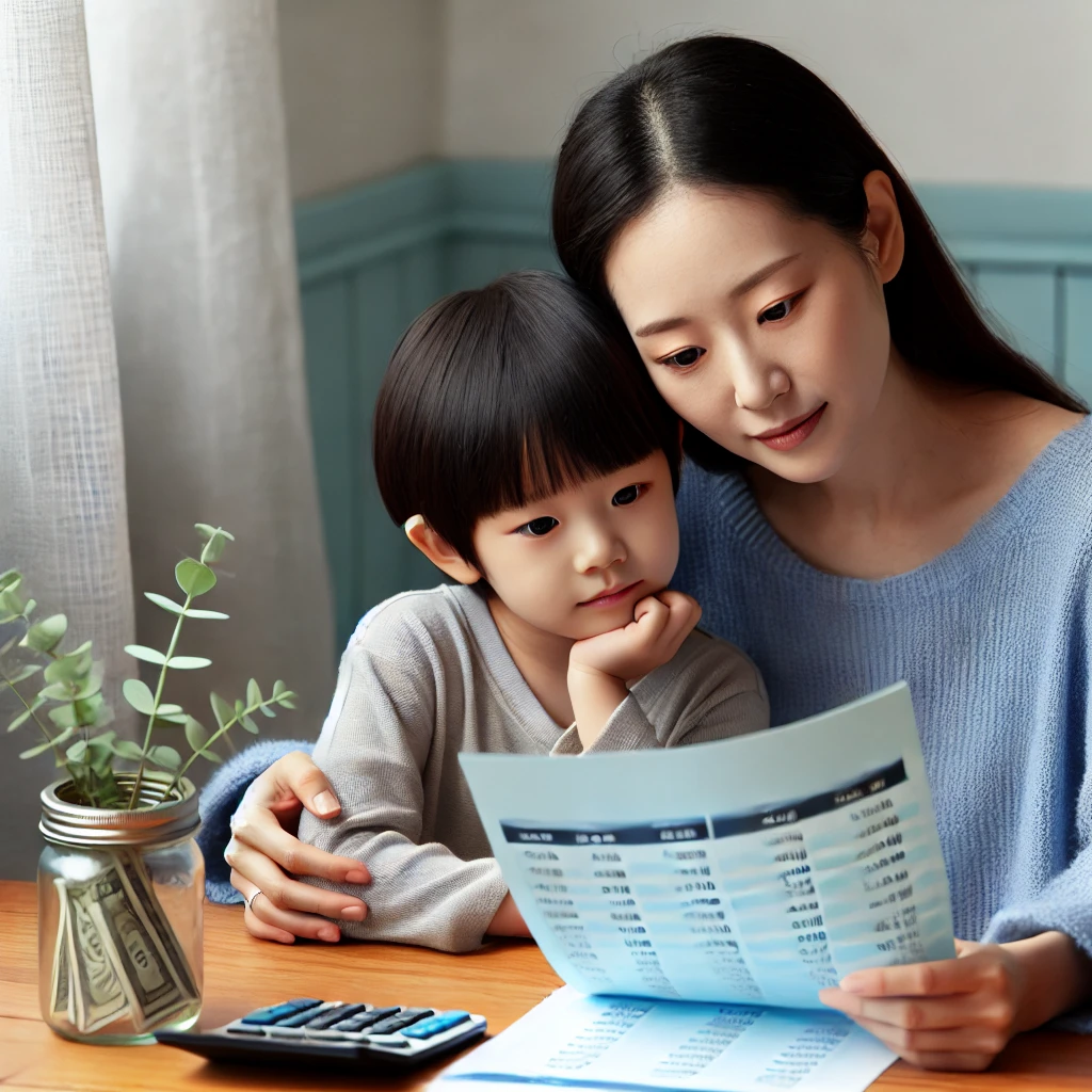 테이블에 앉아 재정 서류를 함께 보는 한국의 어머니와 아이, 가족 재정 지원을 표현.