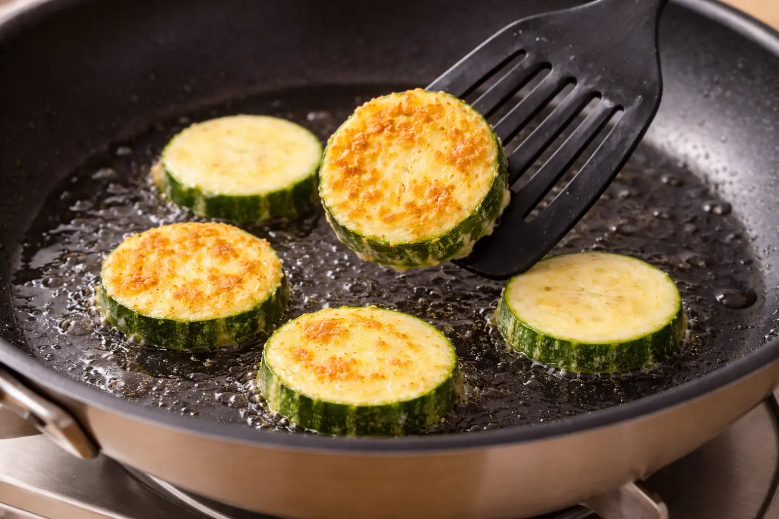 애호박전을 뒤집어 앞면은 노릇하고 뒷면은 밝은 색이 보이는 장면