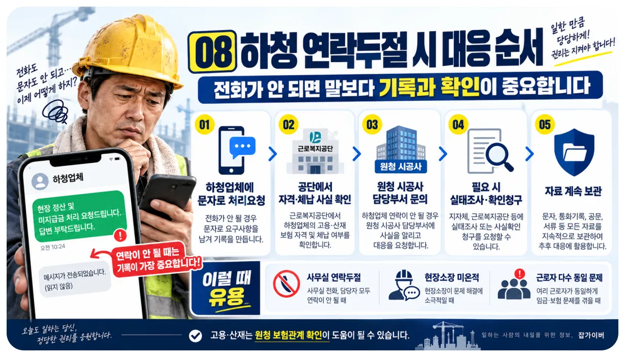 건설현장 하청업체 연락두절 시 원청 공단 확인 대응 순서