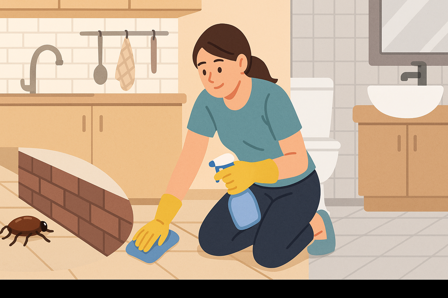 주방과 욕실을 오가며 바닥과 구석을 꼼꼼하게 청소하는 여성이 장갑과 스프레이를 사용 중인 모습