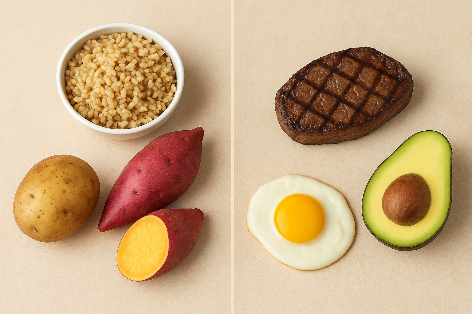 왼쪽에는 현미, 감자, 고구마 등 탄수화물 식품이, 오른쪽에는 스테이크, 달걀, 아보카도 같은 고단백&middot;저탄수 식품이 배치되어 비교를 돕는다.