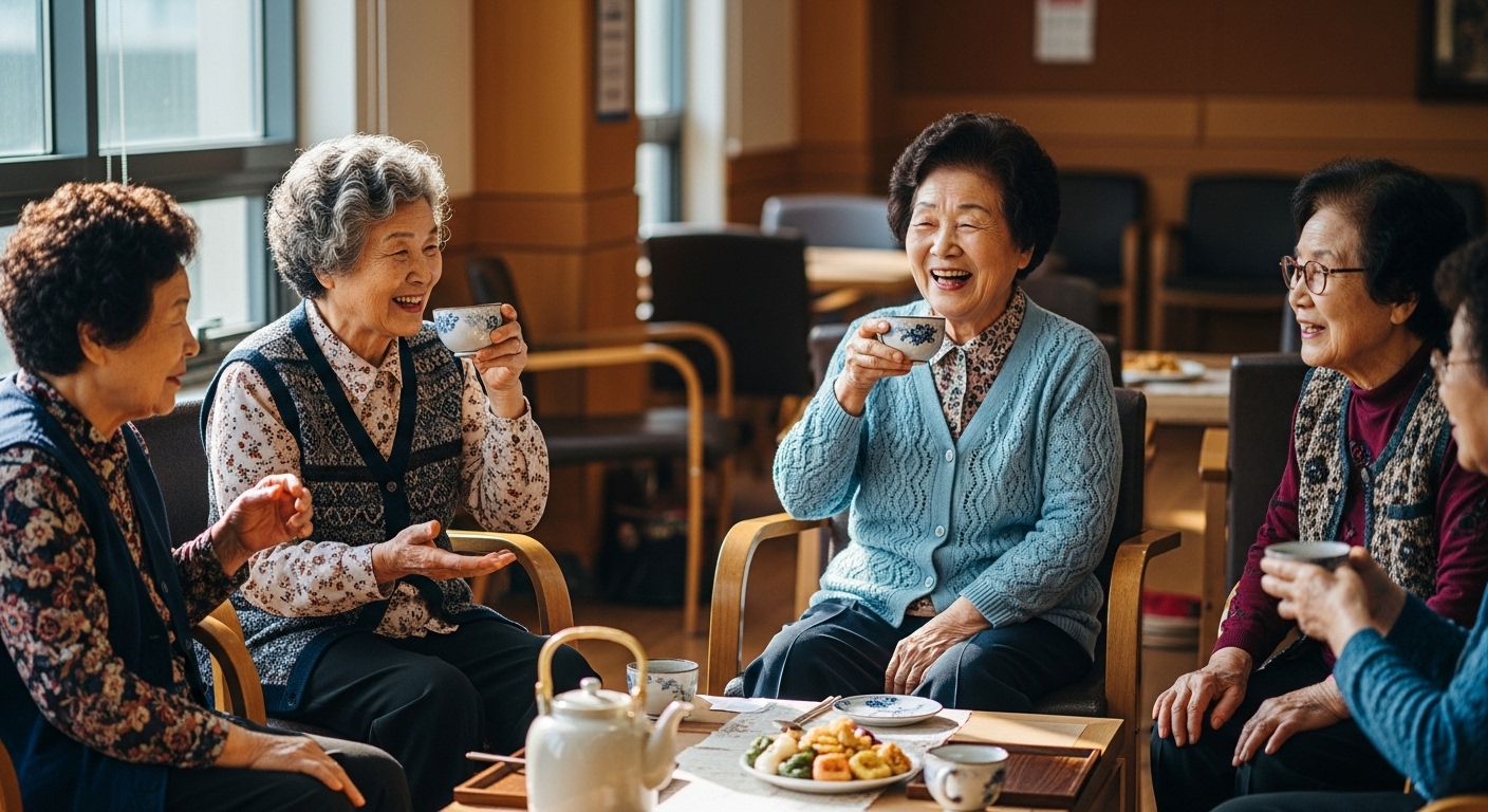 마을 공동체 친구들과 함께 생일을 축하하는 72세 여성