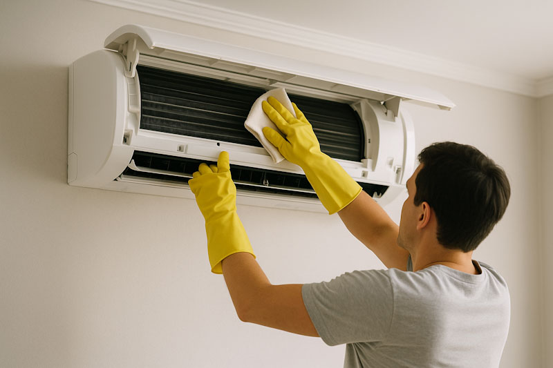 벽걸이 에어컨 청소하는 모습