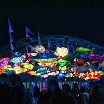 밤&amp;#44; 빨강&amp;#44; 노랑&amp;#44; 초록&amp;#44; 보라색 몰고기 모양의 종이 등이 매달린 모습