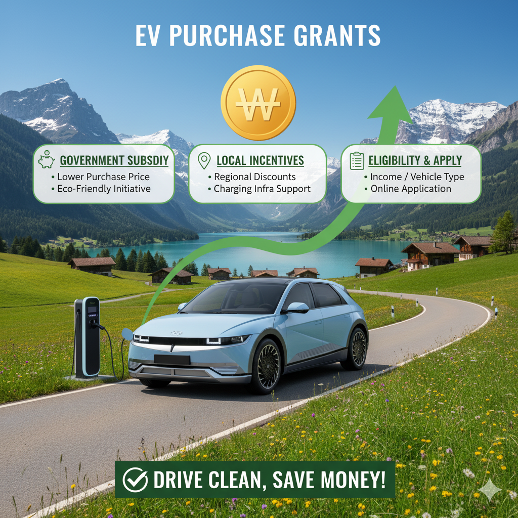 전기차 보조금 제도와 정부 지원을 안내하는 정보형 이미지, 충전 중인 전기차와 깨끗한 자연 배경