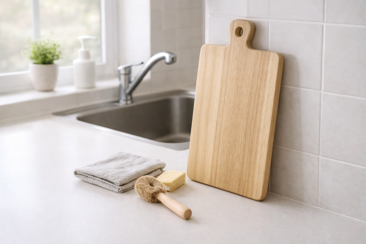 도마 냄새 줄이는 세척 순서와 관리 습관을 설명하는 주방 도마 이미지