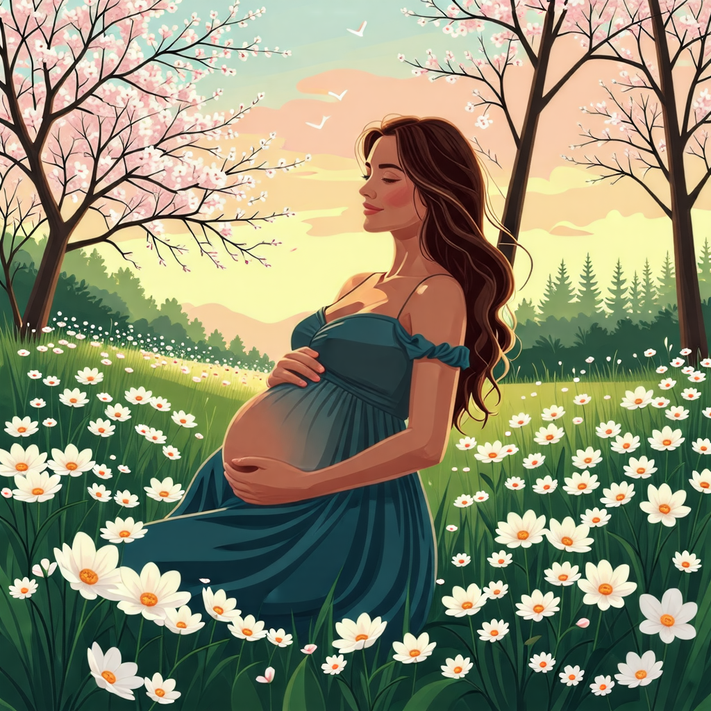 봄철 꽃밭에 앉아 있는 임산부 이미지