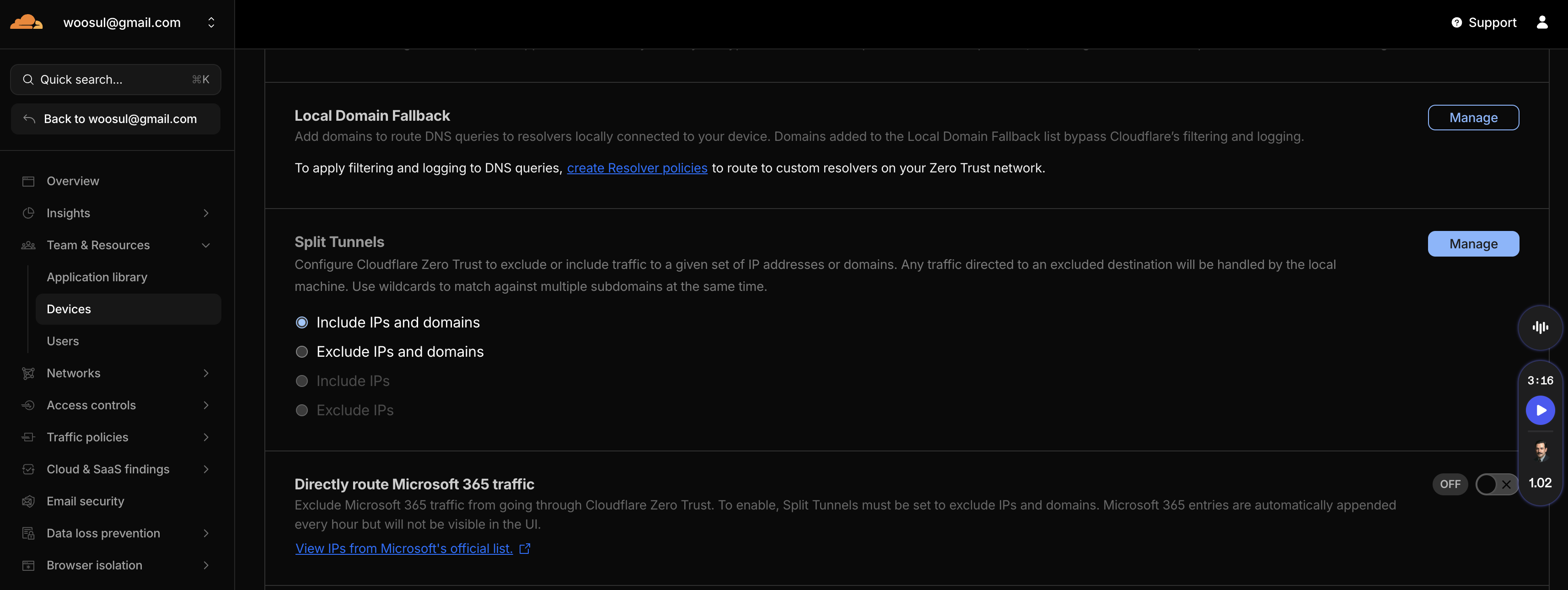 Zero Trust > Team & Resources > Devices > Device Profile별로 Split Tunnel과 Local Domain Fallback을 설정합나디